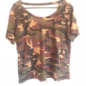Distressed camo T-shirt with open back